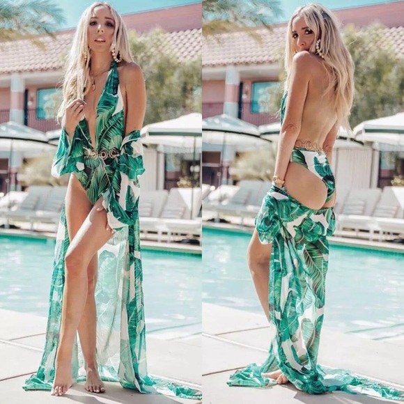 PALM LEAF PRINT LONG KIMONO-TOP-BEACH COVERUP-NEW - Picture 5 of 6